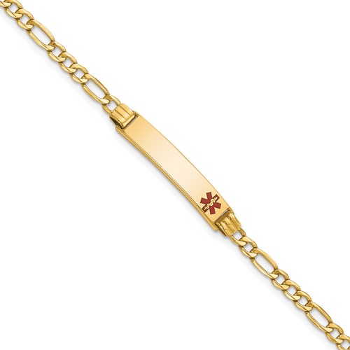 14K Yellow Gold Medical Semi-Solid Chain Solid Plate 26x 5mm Off-Center Red Enamel Figaro Link ID Bracelet, 7"