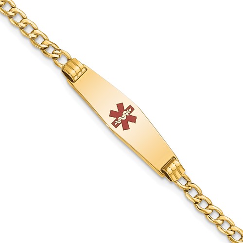 14K Yellow Gold Medical Semi-Solid Chain Solid Plate 26x 7mm Soft Diamond Shape Centered Red Enamel Cuban Link ID Bracelet, 8"
