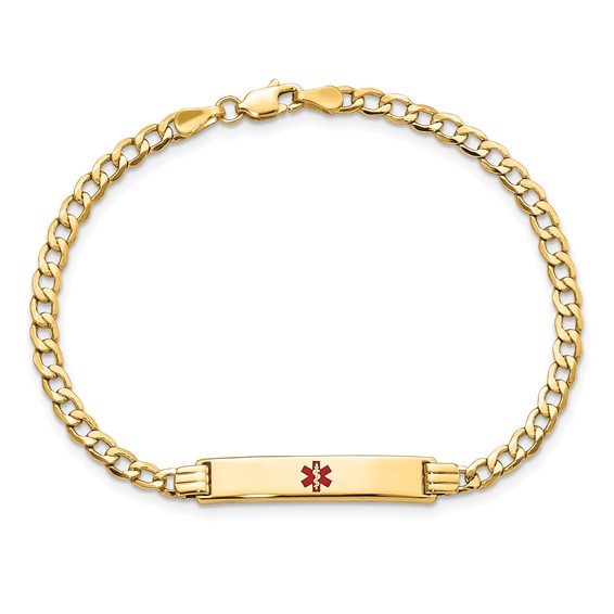 14K Medical Semi-Solid Chain/Solid Plate 26x5mm Centered Red Enamel Cuban Link 7 inch ID Bracelet