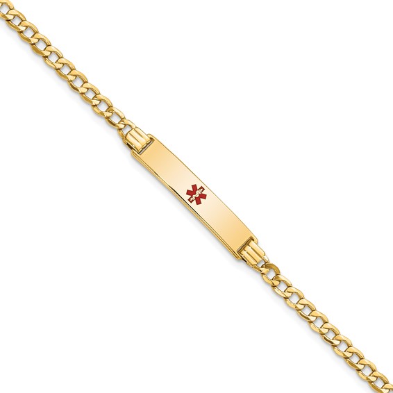 14K Medical Semi-Solid Chain/Solid Plate 26x5mm Centered Red Enamel Cuban Link 7 inch ID Bracelet