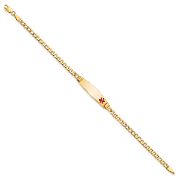 14K Medical Semi-Solid Chain/Solid Plate 26x7mm Soft Diamond Shape Off-Center Red Enamel Cuban Link 7 inch ID Bracelet