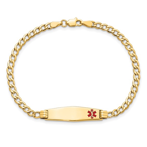14K Medical Semi-Solid Chain/Solid Plate 26x7mm Soft Diamond Shape Off-Center Red Enamel Cuban Link 7 inch ID Bracelet