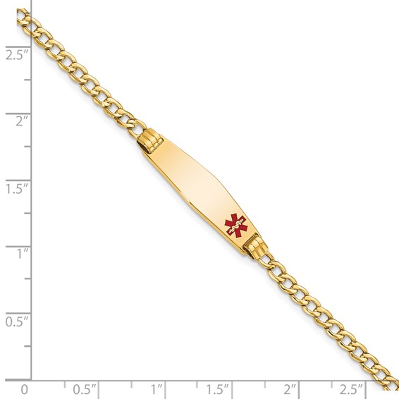 14K Medical Semi-Solid Chain/Solid Plate 26x7mm Soft Diamond Shape Off-Center Red Enamel Cuban Link 7 inch ID Bracelet