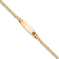 14K Yellow Gold Medical Semi-Solid Chain Solid Plate 26x 7mm Soft Diamond Shape Off-Center Red Enamel Cuban Link ID Bracelet, 8" view 1
