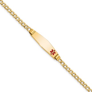 14K Medical Semi-Solid Chain/Solid Plate 26x7mm Soft Diamond Shape Off-Center Red Enamel Cuban Link 7 inch ID Bracelet