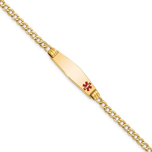14K Yellow Gold Medical Semi-Solid Chain Solid Plate 26x 7mm Soft Diamond Shape Off-Center Red Enamel Cuban Link ID Bracelet, 8"