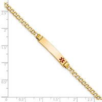 14K Yellow Gold Medical Semi-Solid Chain Solid Plate 26x 5mm Off-Center Red Enamel Cuban Link ID Bracelet, 7" view 3