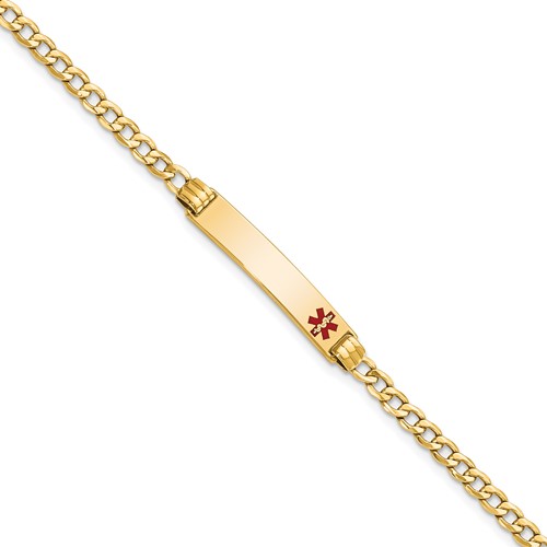 14K Yellow Gold Medical Semi-Solid Chain Solid Plate 26x 5mm Off-Center Red Enamel Cuban Link ID Bracelet, 7"