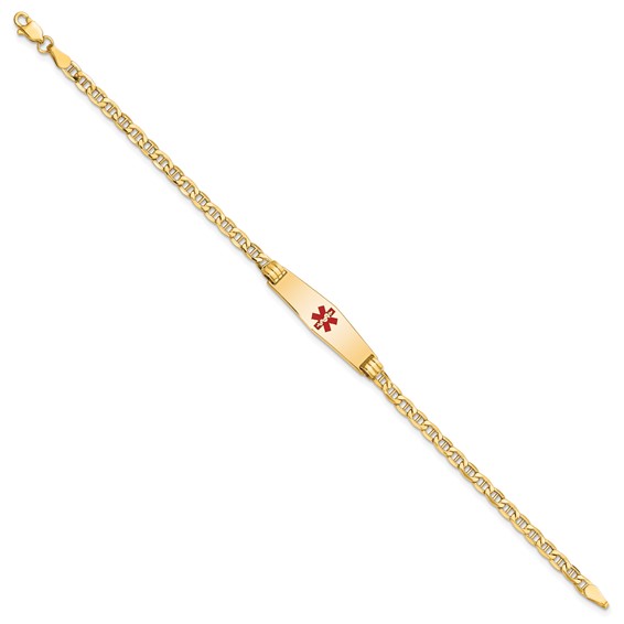 14K Medical Semi-Solid Chain/Solid Plate 26x7mm Soft Diamond Shape Centered Red Enamel Anchor Link 8 inch ID Bracelet