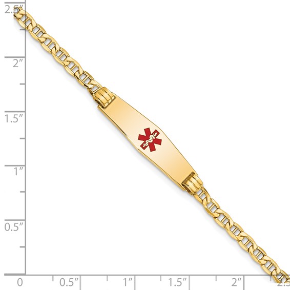 14K Medical Semi-Solid Chain/Solid Plate 26x7mm Soft Diamond Shape Centered Red Enamel Anchor Link 8 inch ID Bracelet