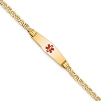 14K Yellow Gold Medical Semi-Solid Chain Solid Plate 26x7mm Soft Diamond Shape Centered Red Enamel Anchor Link ID Bracelet - 7in view 1