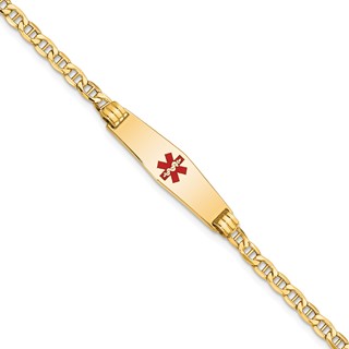 14K Medical Semi-Solid Chain/Solid Plate 26x7mm Soft Diamond Shape Centered Red Enamel Anchor Link 7 inch ID Bracelet
