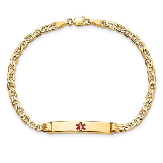 14K Medical Semi-Solid Chain/Solid Plate 26x5mm Centered Red Enamel Anchor Link 8 inch ID Bracelet