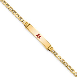 14K Medical Semi-Solid Chain/Solid Plate 26x5mm Centered Red Enamel Anchor Link 8 inch ID Bracelet