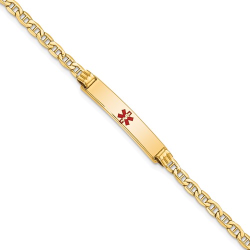 14K Yellow Gold Medical Semi-Solid Chain Solid Plate 26x 5mm Centered Red Enamel Anchor Link ID Bracelet, 8"