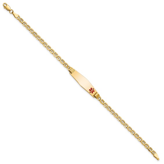 14K Medical Semi-Solid Chain/Solid Plate 26x7mm Soft Diamond Shape Off-Center Red Enamel Anchor Link 7 inch ID Bracelet