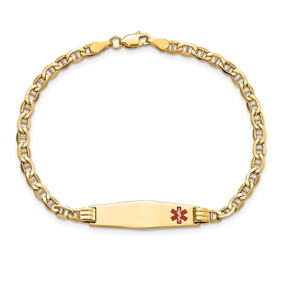 14K Medical Semi-Solid Chain/Solid Plate 26x7mm Soft Diamond Shape Off-Center Red Enamel Anchor Link 7 inch ID Bracelet