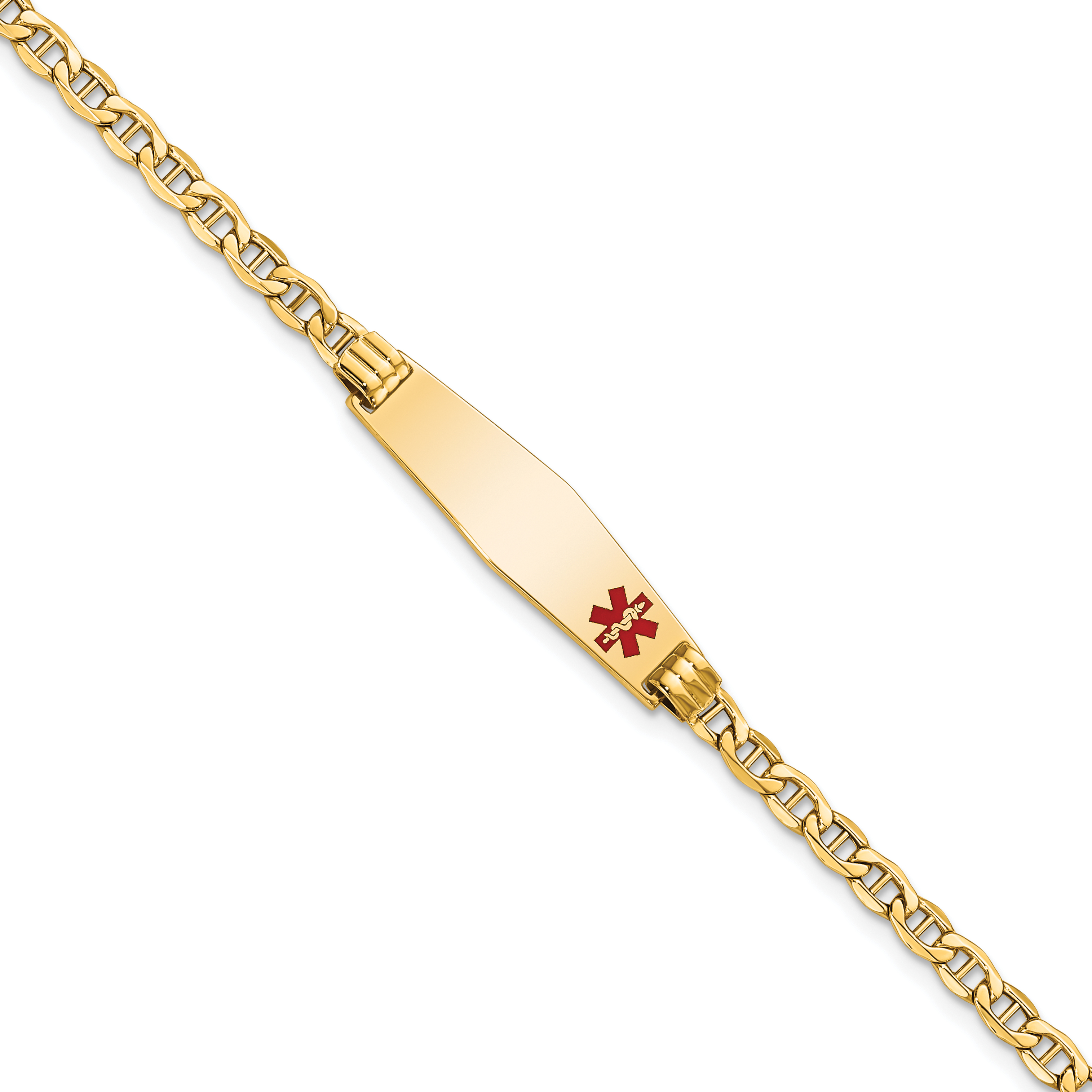 14K Medical Semi-Solid Chain/Solid Plate 26x7mm Soft Diamond Shape Off-Center Red Enamel Anchor Link 7 inch ID Bracelet (XM558FC-7)