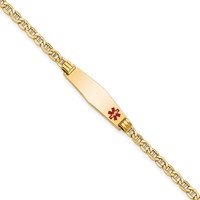 14K Yellow Gold Medical Semi-Solid Chain Solid Plate 26x7mm Soft Diamond Shape Off-Center Red Enamel Anchor Link ID Bracelet - 7in view 1