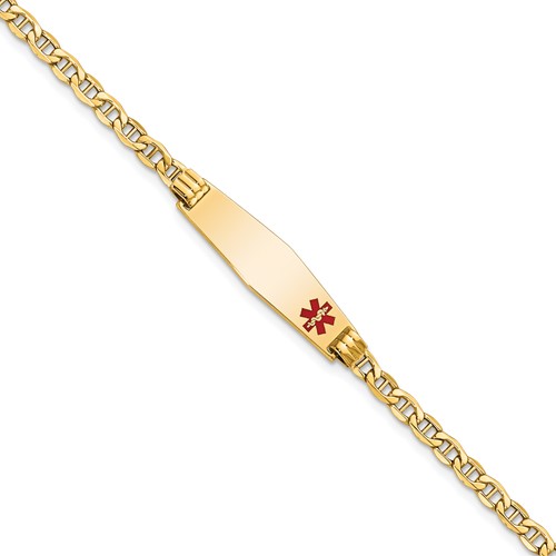 14K Yellow Gold Medical Semi-Solid Chain Solid Plate 26x 7mm Soft Diamond Shape Off-Center Red Enamel Anchor Link ID Bracelet, 7"