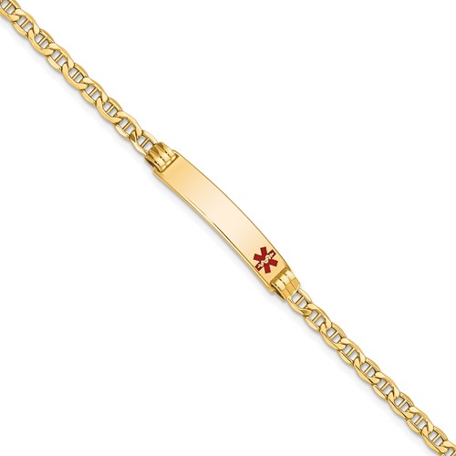 14k Medical Semi-Solid Chain/Solid Plate 26x5mm Off-Center Red Enamel Anchor Link 7 inch ID Bracelet