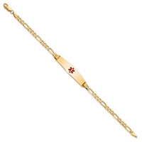 14K Yellow Gold Medical Solid Chain Solid Plate Soft Diamond Shape 33x 8mm Centered Red Enamel Flat Figaro Link ID Bracelet, 7" view 2