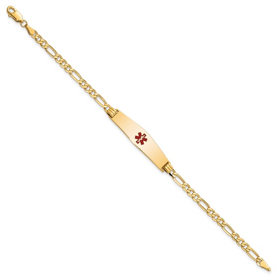 14K Medical Solid Chain/Solid Plate Soft Diamond Shape 33x8mm Centered Red Enamel Flat Figaro Link 7 inch ID Bracelet