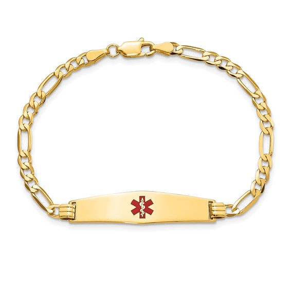 14K Medical Solid Chain/Solid Plate Soft Diamond Shape 33x8mm Centered Red Enamel Flat Figaro Link 7 inch ID Bracelet