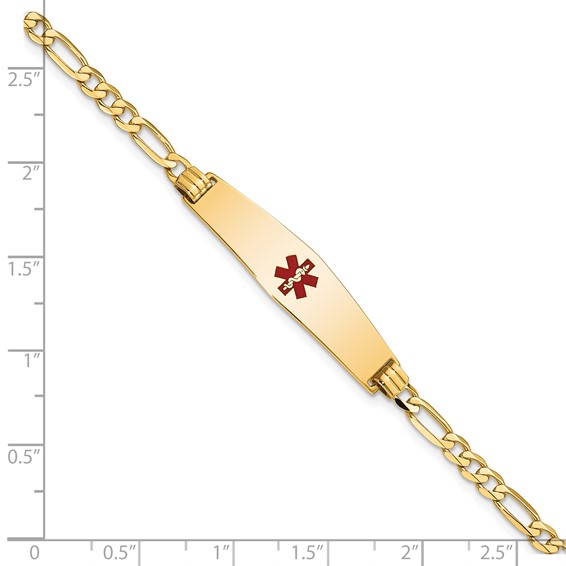 14K Medical Solid Chain/Solid Plate Soft Diamond Shape 33x8mm Centered Red Enamel Flat Figaro Link 7 inch ID Bracelet