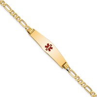 14K Yellow Gold Medical Solid Chain Solid Plate Soft Diamond Shape 33x 8mm Centered Red Enamel Flat Figaro Link ID Bracelet, 7" view 1