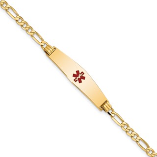 14K Medical Solid Chain/Solid Plate Soft Diamond Shape 33x8mm Centered Red Enamel Flat Figaro Link 7 inch ID Bracelet