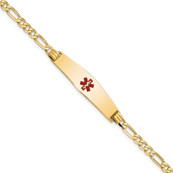 14K Medical Solid Chain/Solid Plate Soft Diamond Shape 33x8mm Centered Red Enamel Flat Figaro Link 7 inch ID Bracelet