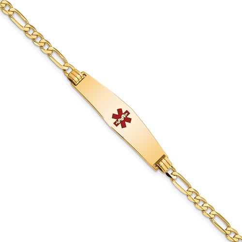 14K Yellow Gold Medical Solid Chain Solid Plate Soft Diamond Shape 33x 8mm Centered Red Enamel Flat Figaro Link ID Bracelet, 7"