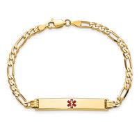14K Yellow Gold Medical Solid Chain Solid Plate 34x6mm Centered Red Enamel Flat Figaro Link ID Bracelet - 8in view 4