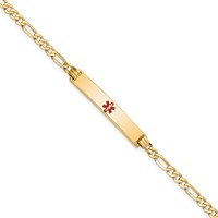 14K Yellow Gold Medical Solid Chain Solid Plate 34x6mm Centered Red Enamel Flat Figaro Link ID Bracelet - 8in view 1