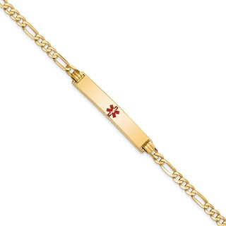14K Medical Solid Chain/Solid Plate 34x6mm Centered Red Enamel Flat Figaro Link 7 inch ID Bracelet