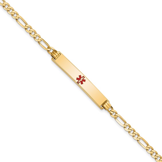 14K Medical Solid Chain/Solid Plate 34x6mm Centered Red Enamel Flat Figaro Link 7 inch ID Bracelet