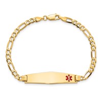 14K Yellow Gold Medical Solid Chain Solid Plate Soft Diamond Shape 33x 8mm Off-Center Red Enamel Flat Figaro Link ID Bracelet, 8" view 4