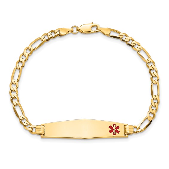 14K Medical Solid Chain/Solid Plate Soft Diamond Shape 33x8mm Off-Center Red Enamel Flat Figaro Link 7 inch ID Bracelet