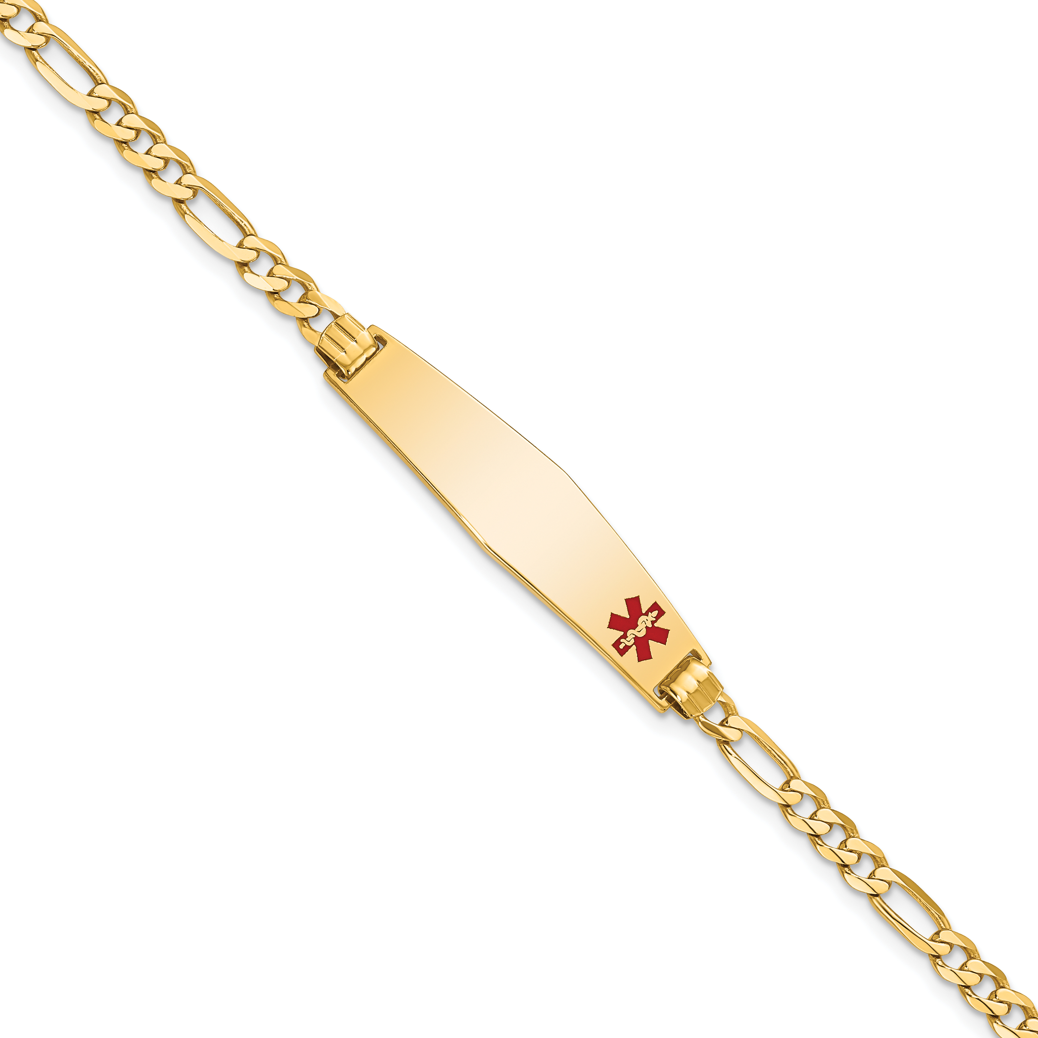 14K Medical Solid Chain/Solid Plate Soft Diamond Shape 33x8mm Off-Center Red Enamel Flat Figaro Link 8 inch ID Bracelet (XM559FC-8)