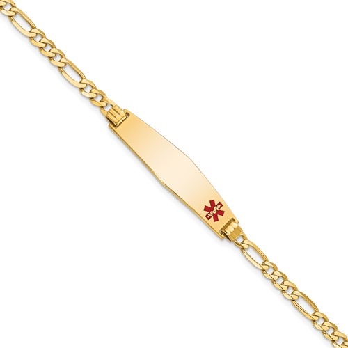14K Yellow Gold Medical Solid Chain Solid Plate Soft Diamond Shape 33x 8mm Off-Center Red Enamel Flat Figaro Link ID Bracelet, 8"