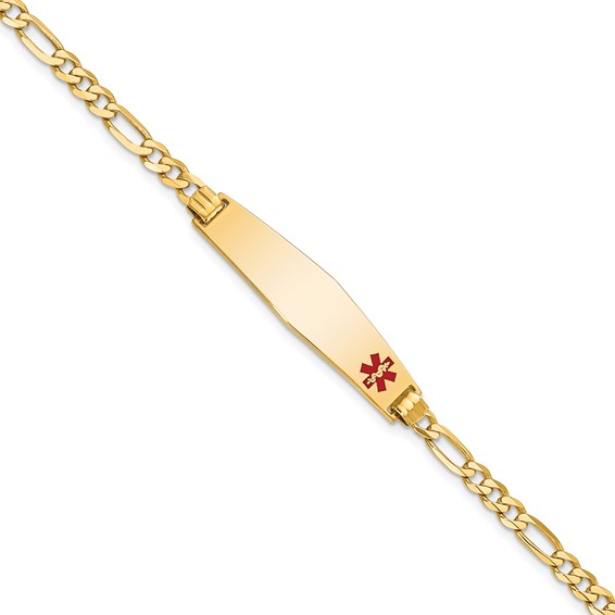 14K Medical Solid Chain/Solid Plate Soft Diamond Shape 33x8mm Off-Center Red Enamel Flat Figaro Link 7 inch ID Bracelet