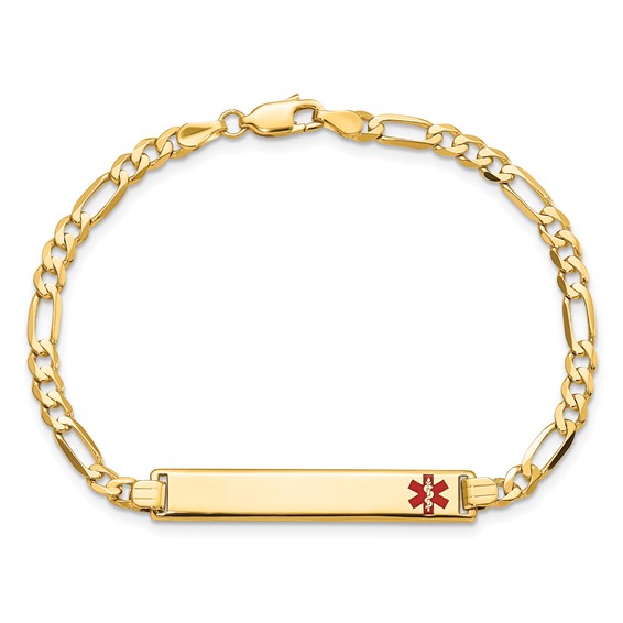 14K Medical Solid Chain/Solid Plate 33x6mm Off-Center Red Enamel Flat Figaro Link 7 inch ID Bracelet