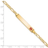14K Yellow Gold Medical Solid Chain Solid Plate 33x6mm Off-Center Red Enamel Flat Figaro Link ID Bracelet - 8in view 3