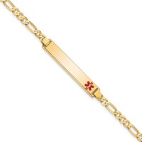 14K Yellow Gold Medical Solid Chain Solid Plate 33x6mm Off-Center Red Enamel Flat Figaro Link ID Bracelet - 8in view 1