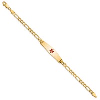 14K Yellow Gold Medical Solid Chain Solid Plate Soft Diamond Shape 33x 8mm Centered Red Enamel Flat Figaro Link ID Bracelet, 7" view 2