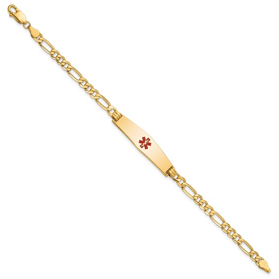 14K Medical Solid Chain/Solid Plate Soft Diamond Shape 33x8mm Centered Red Enamel Flat Figaro Link 7 inch ID Bracelet