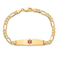 14K Yellow Gold Medical Solid Chain Solid Plate Soft Diamond Shape 33x 8mm Centered Red Enamel Flat Figaro Link ID Bracelet, 7" view 4