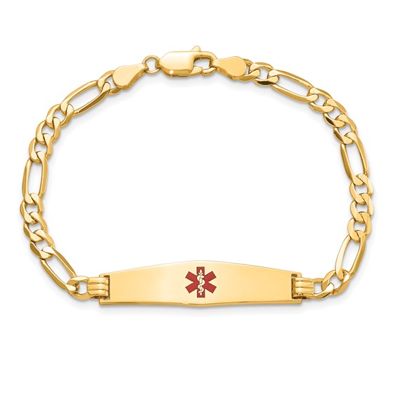 14K Medical Solid Chain/Solid Plate Soft Diamond Shape 33x8mm Centered Red Enamel Flat Figaro Link 7 inch ID Bracelet