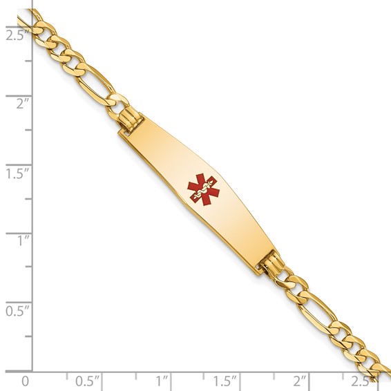 14K Medical Solid Chain/Solid Plate Soft Diamond Shape 33x8mm Centered Red Enamel Flat Figaro Link 7 inch ID Bracelet